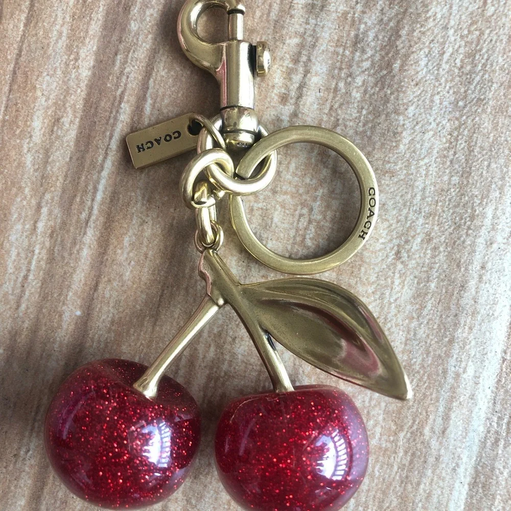 COACH Red Glitter Cherry Key & Card Holder Charm with Gold-Tone Hardware